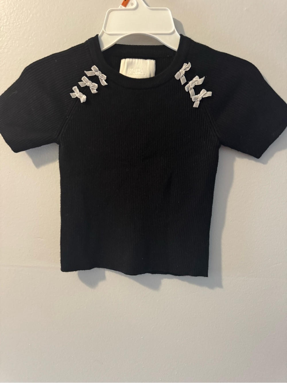 Zara Black Ribbed Short Sleeve Top with White Bow Details